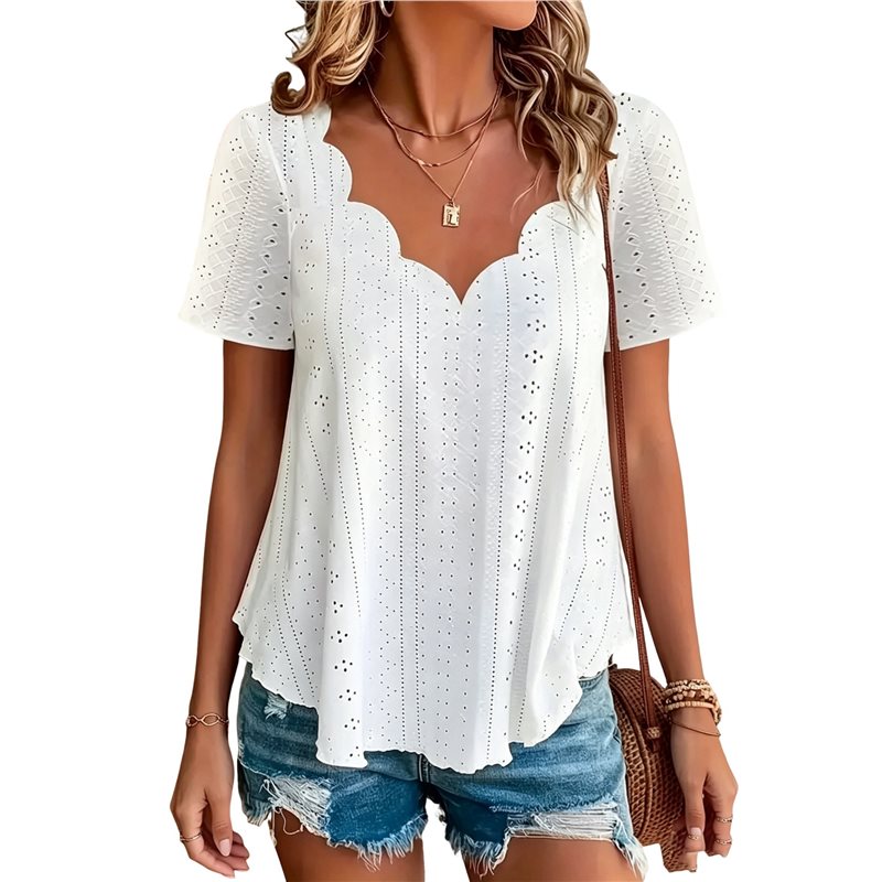 Embroidery Eyelet - BARU-Blus Kasual Wanita Lengan Pendek Longgar