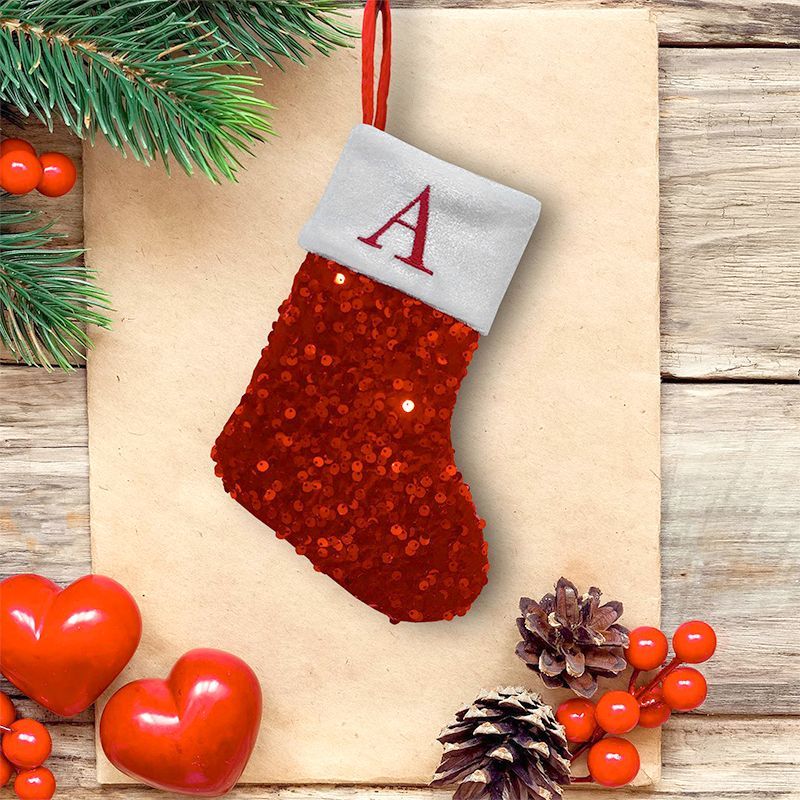 Embroidery Xmas Ornaments - Kaus Kaki Natal Berpayet Merah dengan