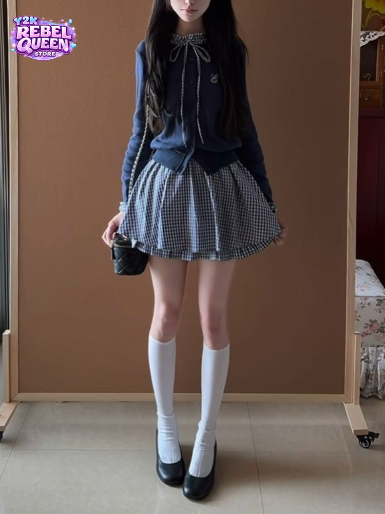 Embroidery Cardigan - Setelan 2 Potong Gaya Preppy Jepang