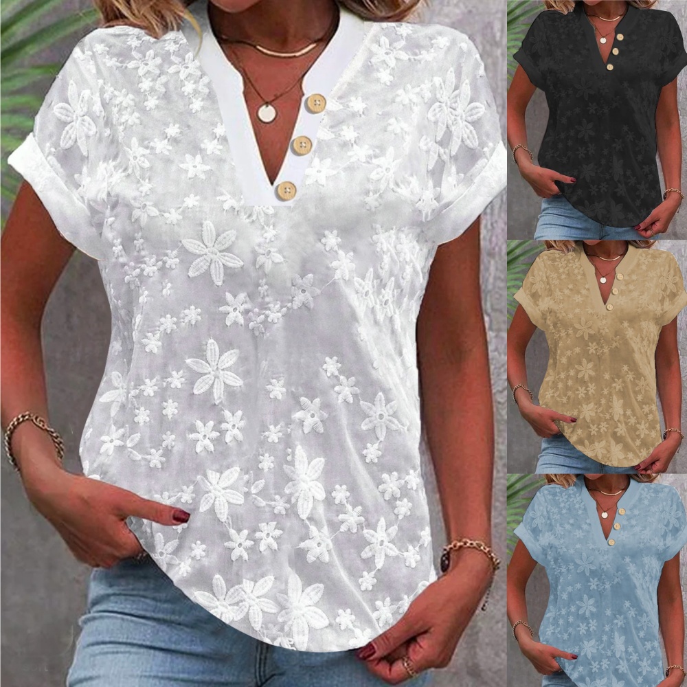 Embroidery Eyelet - Kemeja crop putih renda wanita, pakaian