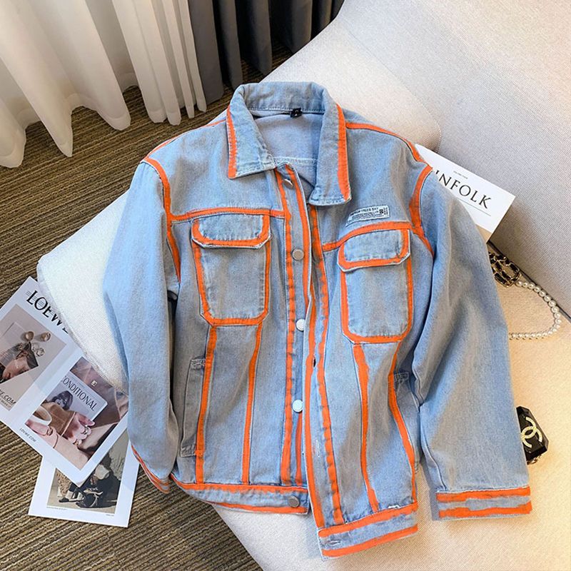 Embroidery Jacket Jeans - Jaket Denim Warna Kontras Grafiti Bergaris