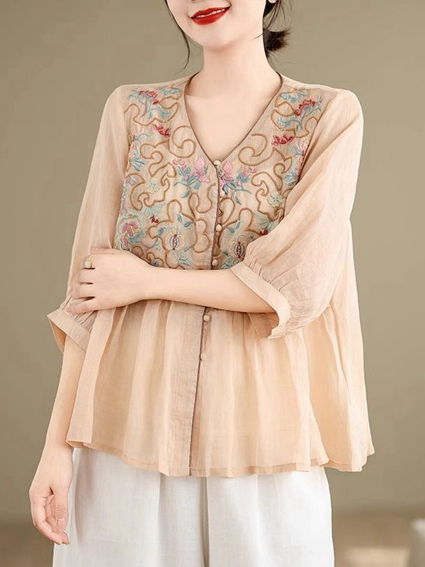 Embroidery Cardigan - Kemeja Gaya Cardigan Tipis Kerah V