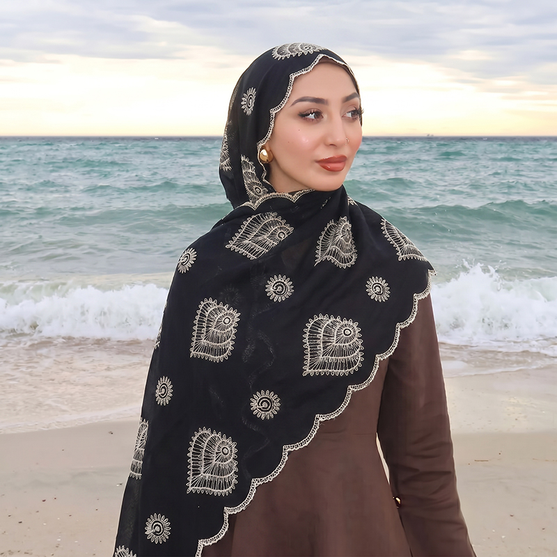Embroidery Motif - Hijab katun linen muslim bernapas, bordir