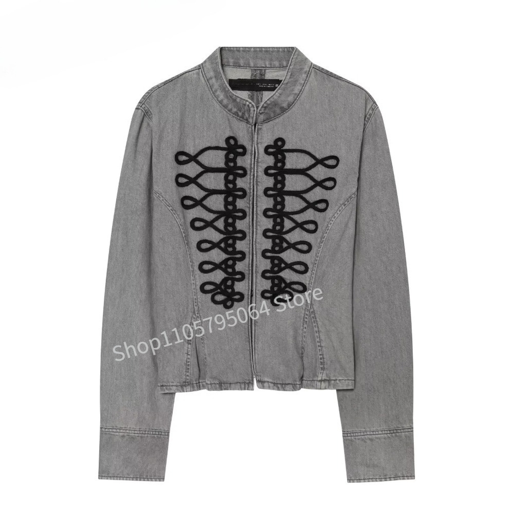 Embroidery Jacket Jeans - Jaket Denim Abu-abu Retro Gaya Prancis
