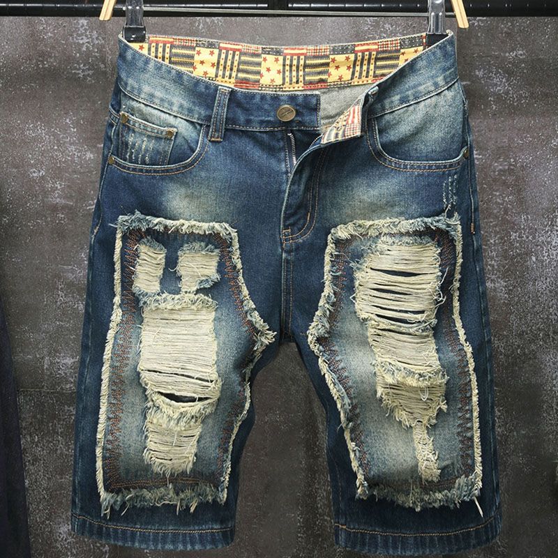 Embroidery Motif - Celana pendek jeans pria bergaya Eropa