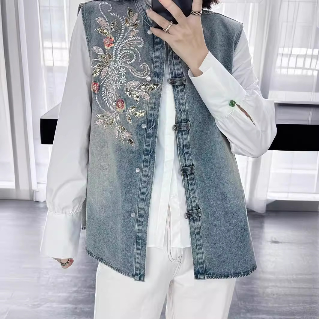 Embroidery Jacket Jeans - Mantel Denim Mantel Rompi Wanita Leher