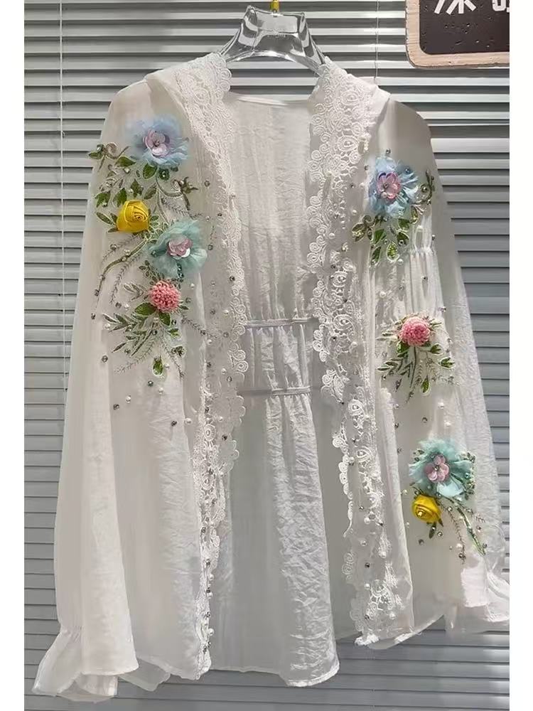 Embroidery Cardigan - Blus Kemeja Tabir Surya Berkerudung Putih