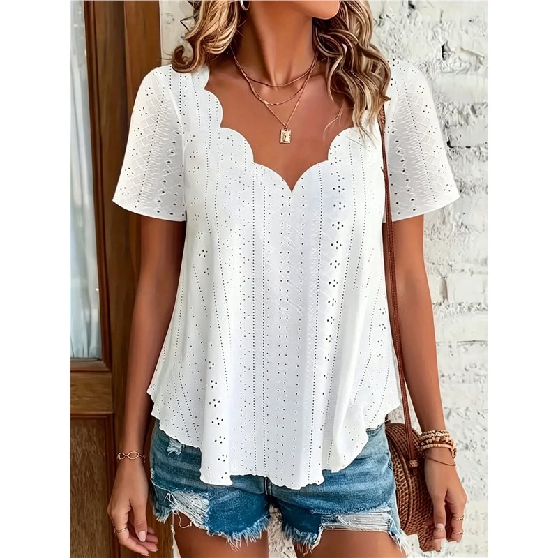 BARU-Blus Kasual Wanita Lengan - Embroidery Eyelet ulasan dan harga