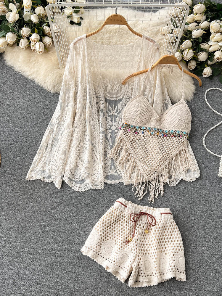 Setelan Liburan Musim Panas Wa - Embroidery Cardigan ulasan dan harga