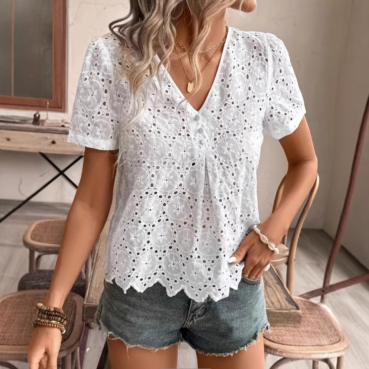 Blus Wanita Modis, Atasan Tee  - Embroidery Eyelet ulasan dan harga