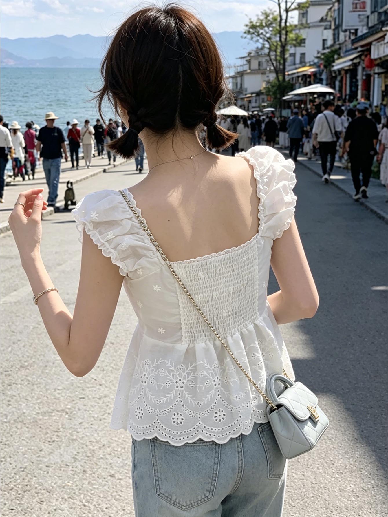 Tank top putih berkerah perseg - Embroidery Eyelet ulasan dan harga