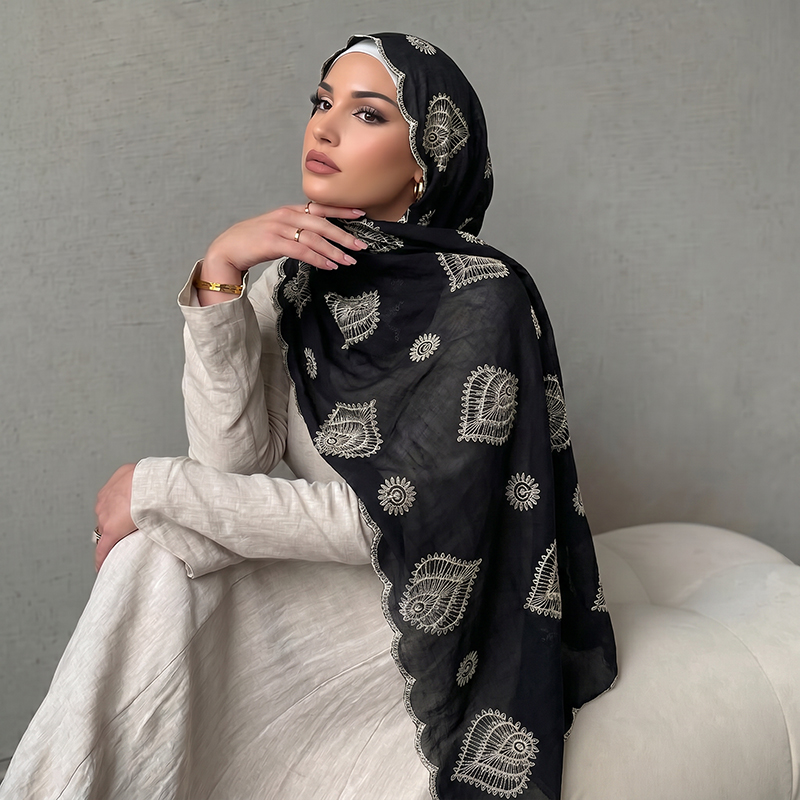 Hijab katun linen muslim berna - Embroidery Motif ulasan dan harga
